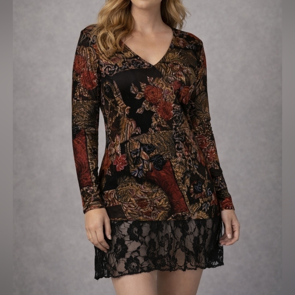 VTG SHARON YOUNG Floral Metallic Black Lace Goth Tunic